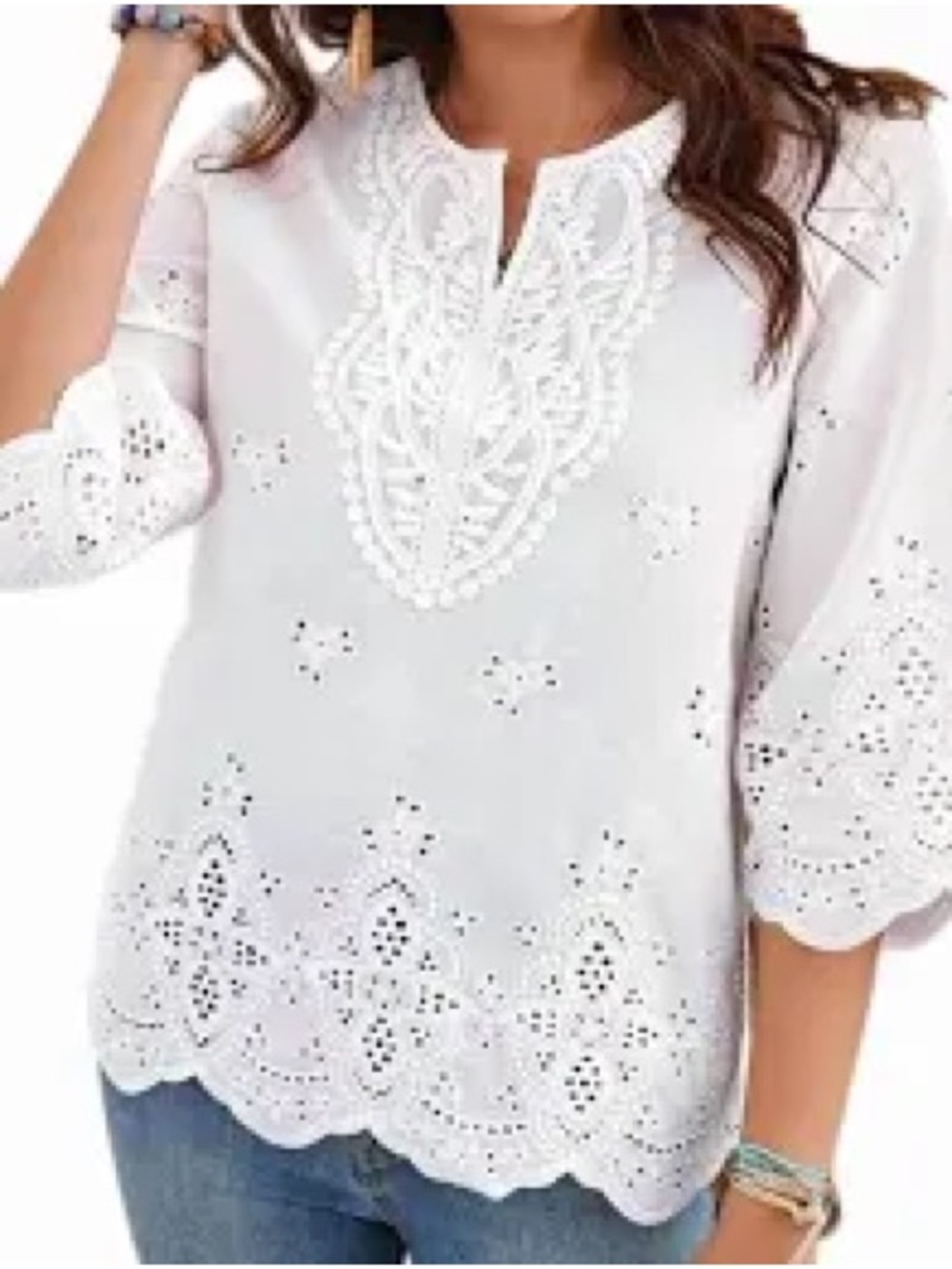 Emery Rose White Eyelet Lace Embroidery bohemian Blouse V-neck, 3/4-sleeve Sz L